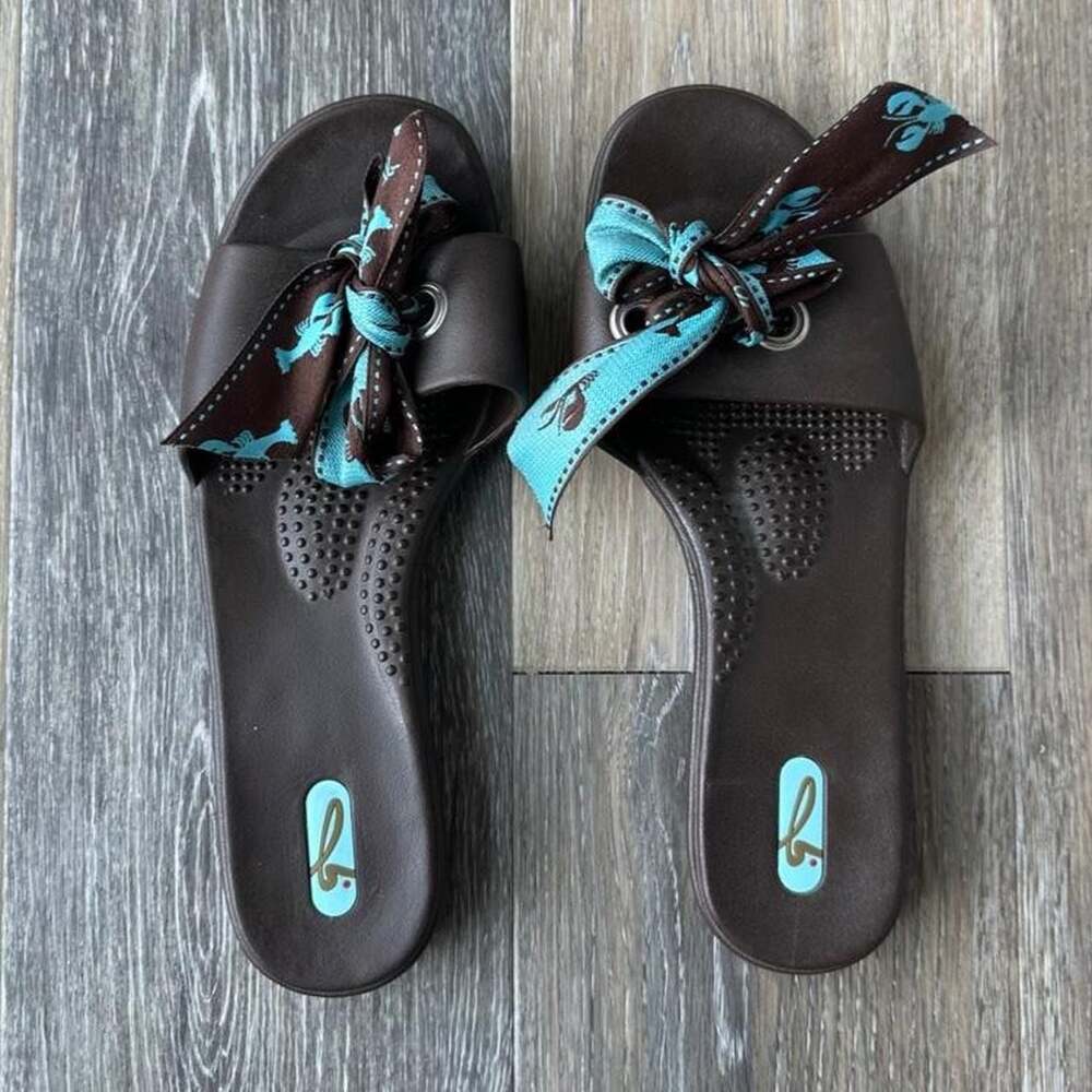Oka-B Madison Slide Sandals Brown with Lobster Print Bow Detail Size ML